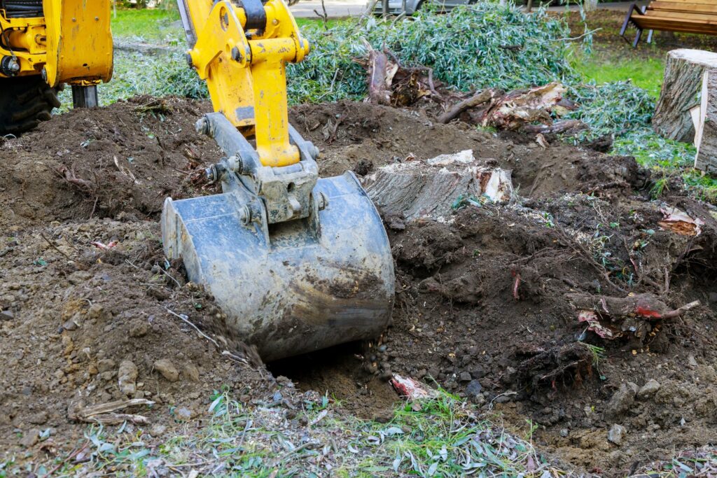 Yard work bulldozer clearing land from old trees, roots and branches with backhoe machinery.